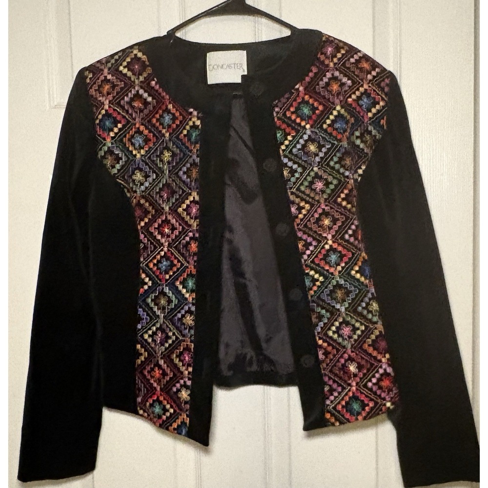 Vintage DONCASTER Crop Multicolor Geometric Floral Velvet Jacket Size 8